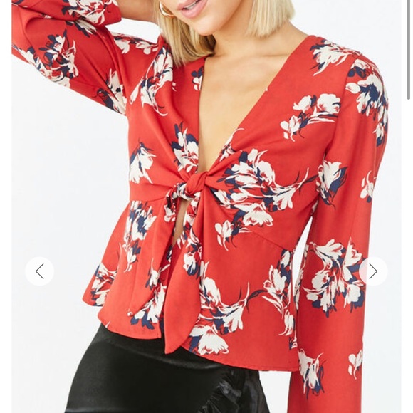 Peach Puff (F21) floral red/rust front-tie top - Picture 5 of 5